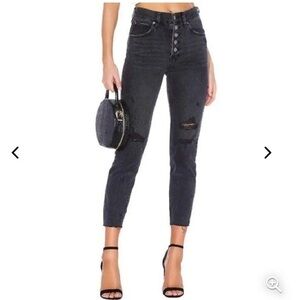 Free People Button Fly Blossom Rigid Skinny High Rise Black Distressed Size 28